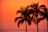 A vibrant sunset over a calm ocean with silhouettes of palm trees.