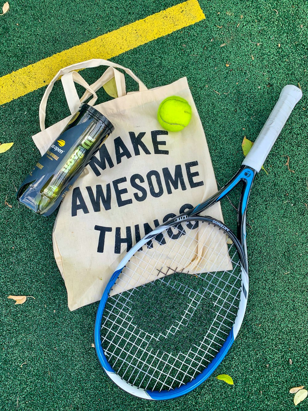 blue and white tennis racket