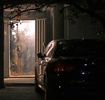 A darkened outdoor scene with a large metal door illuminated by artificial lighting. The door is rusted and weathered, suggesting an industrial or secluded setting. A dark-colored car is parked in front, partially concealed by shadows and tree branches. The scene is dimly lit, with contrasts between the light on the door and the darkness around it.