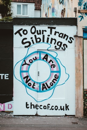A painted wall with a supportive message for transgender individuals, featuring a circular design with blue and pink hues. The text reads 'To Our Trans Siblings, You Are Not Alone' and includes a website URL at the bottom.