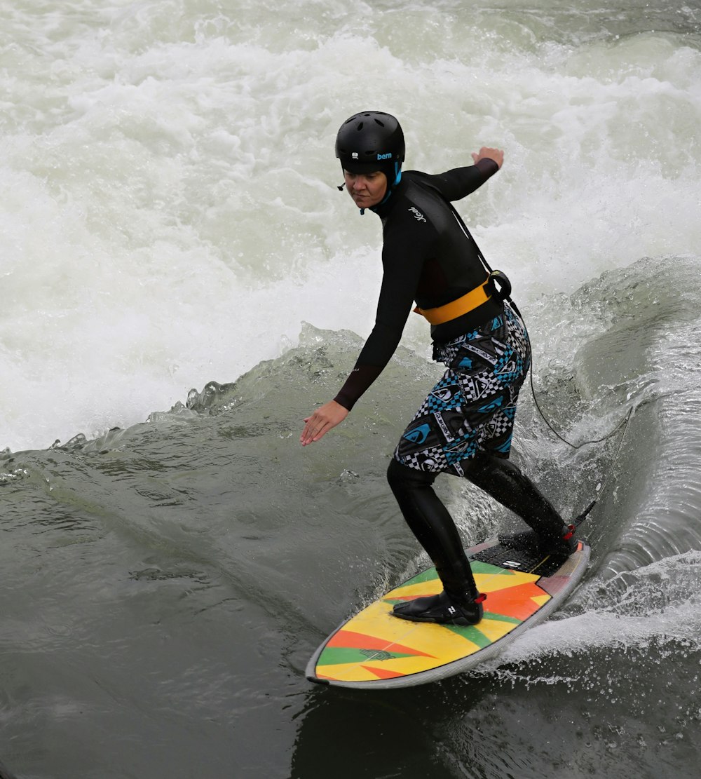 man in blue and black wetsuit riding yellow surfboard on water during daytime