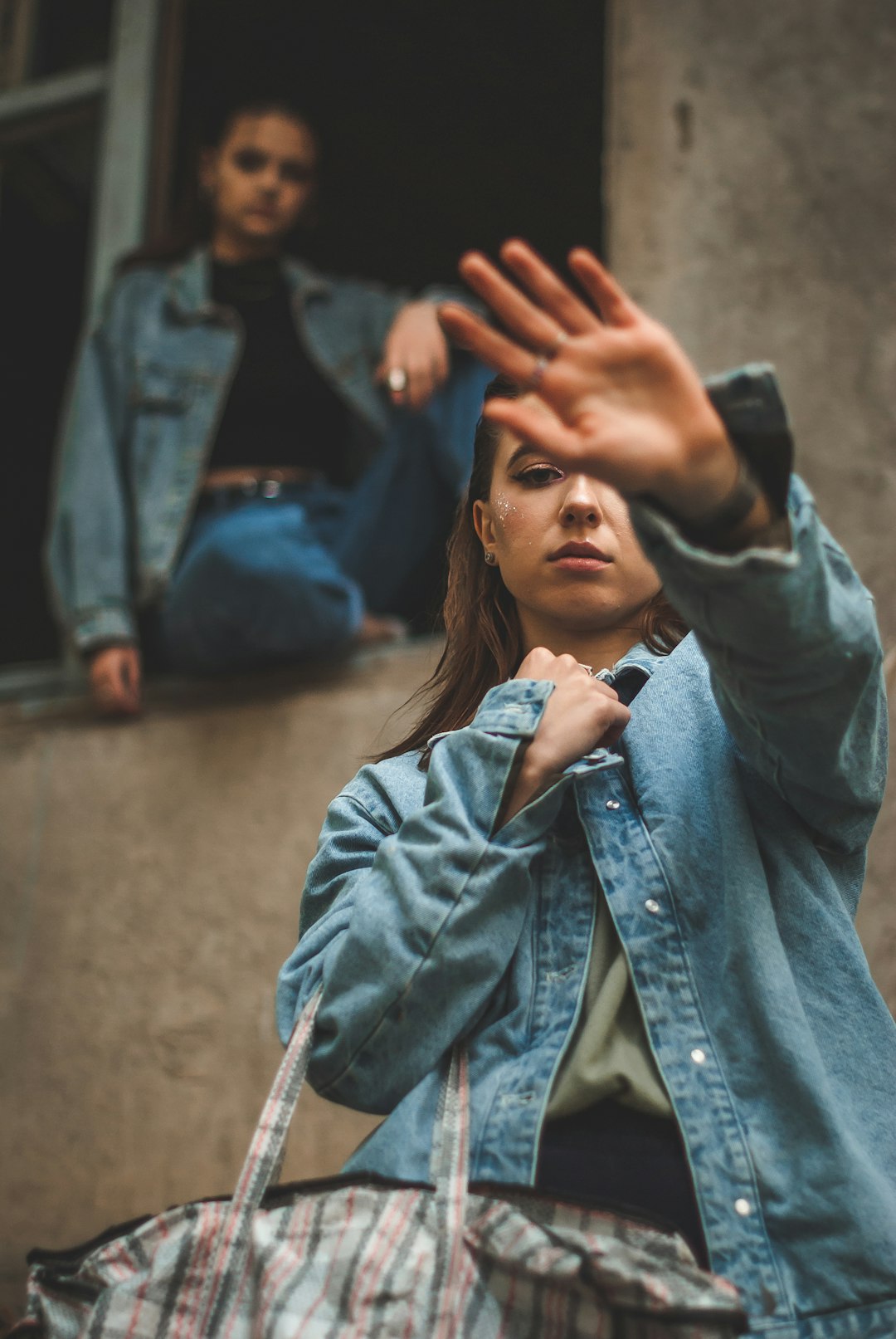 woman in blue denim jacket