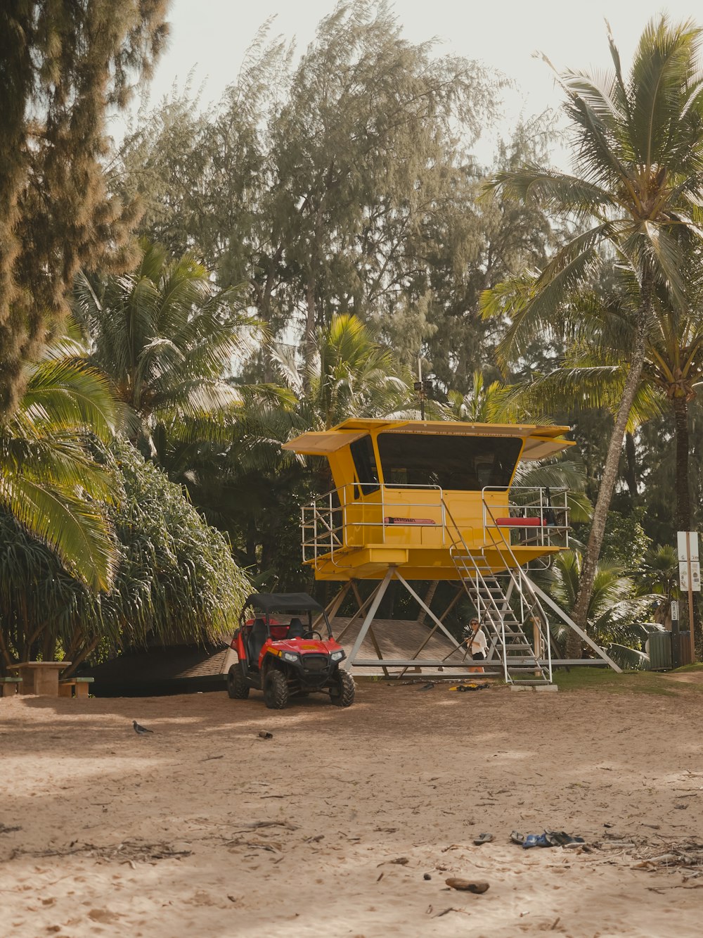 brown wooden folding chair near palm trees during daytime