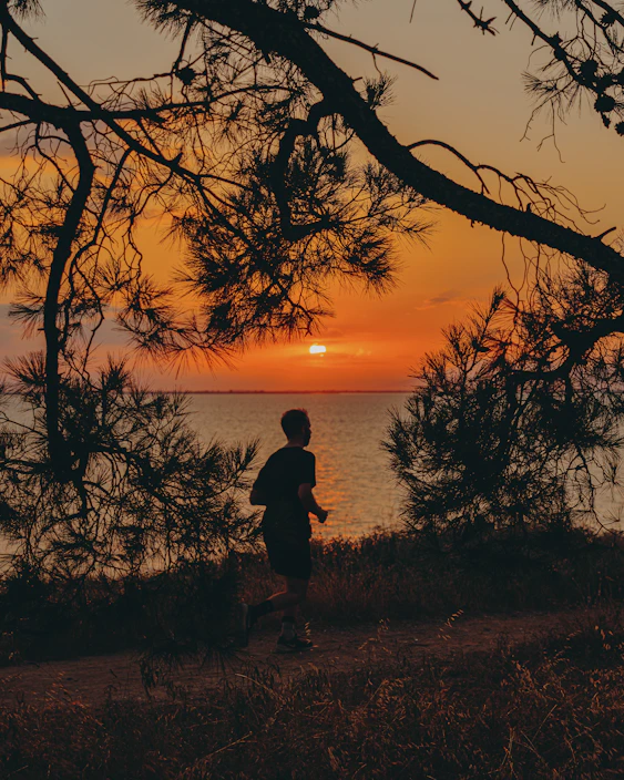 A vibrant lifestyle shot of a person jogging outdoors at sunrise, symbolizing vitality and wellness.