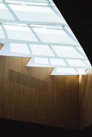 A modern architectural structure featuring large, diagonal beams allowing sunlight to penetrate through. The interior walls are clad in a vertical, wooden panel design, creating a warm contrast with the incoming light.
