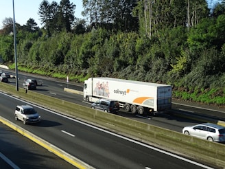 A large truck with branding on its trailer is traveling on a multi-lane highway surrounded by several cars. The highway is bordered by lush green trees and a clear blue sky is visible above.