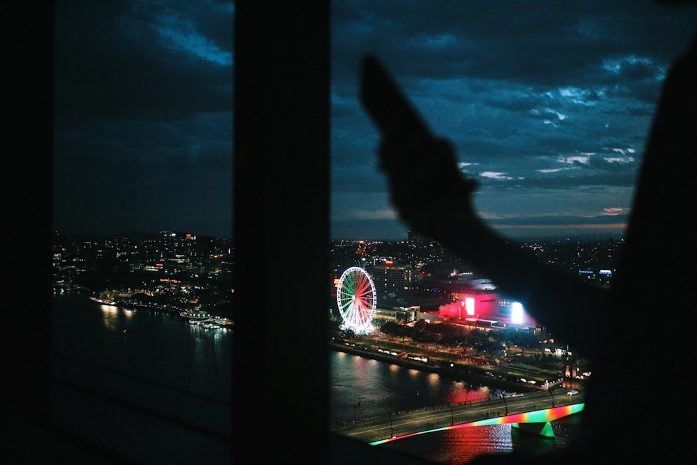 city skyline during night time