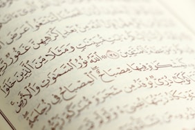 Arabic script with ornate, artistic calligraphy on the pages of an open book. The text is precise with diacritical marks, set against an off-white background.