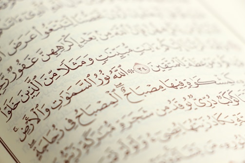 Arabic script with ornate, artistic calligraphy on the pages of an open book. The text is precise with diacritical marks, set against an off-white background.
