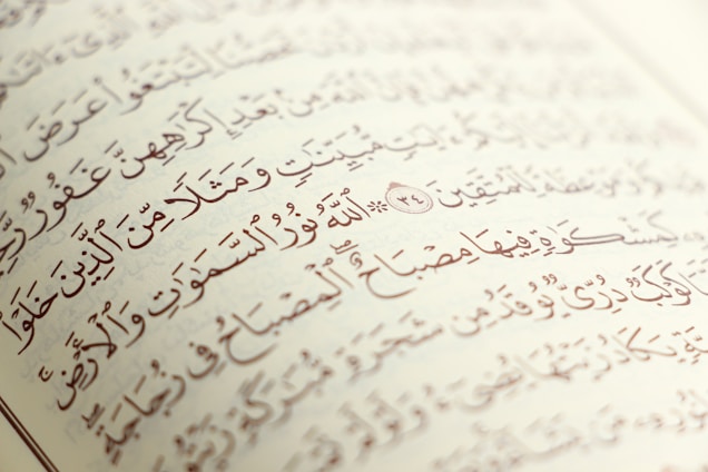 Arabic script with ornate, artistic calligraphy on the pages of an open book. The text is precise with diacritical marks, set against an off-white background.