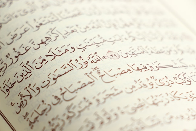 Arabic script with ornate, artistic calligraphy on the pages of an open book. The text is precise with diacritical marks, set against an off-white background.
