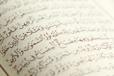 Arabic script with ornate, artistic calligraphy on the pages of an open book. The text is precise with diacritical marks, set against an off-white background.