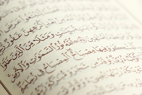 Arabic script with ornate, artistic calligraphy on the pages of an open book. The text is precise with diacritical marks, set against an off-white background.