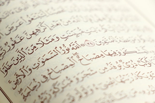 Arabic script with ornate, artistic calligraphy on the pages of an open book. The text is precise with diacritical marks, set against an off-white background.