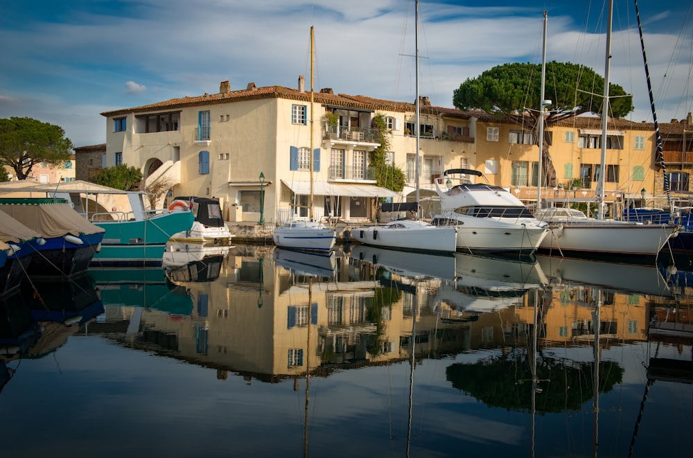 white and blue boat on water near brown concrete building during daytime