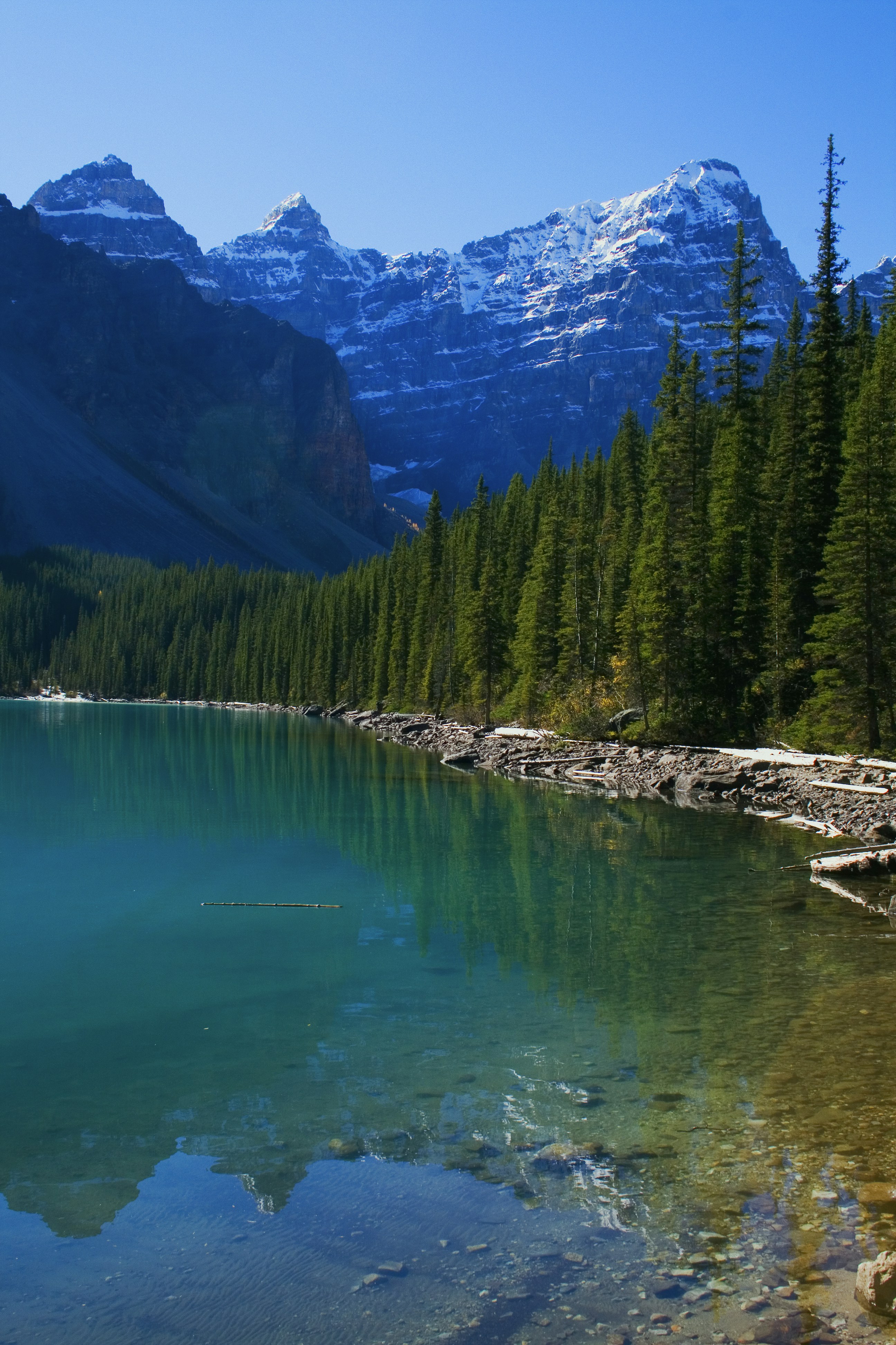View of Moraine Lake, Banff National Park, Canada, with mountains in the background