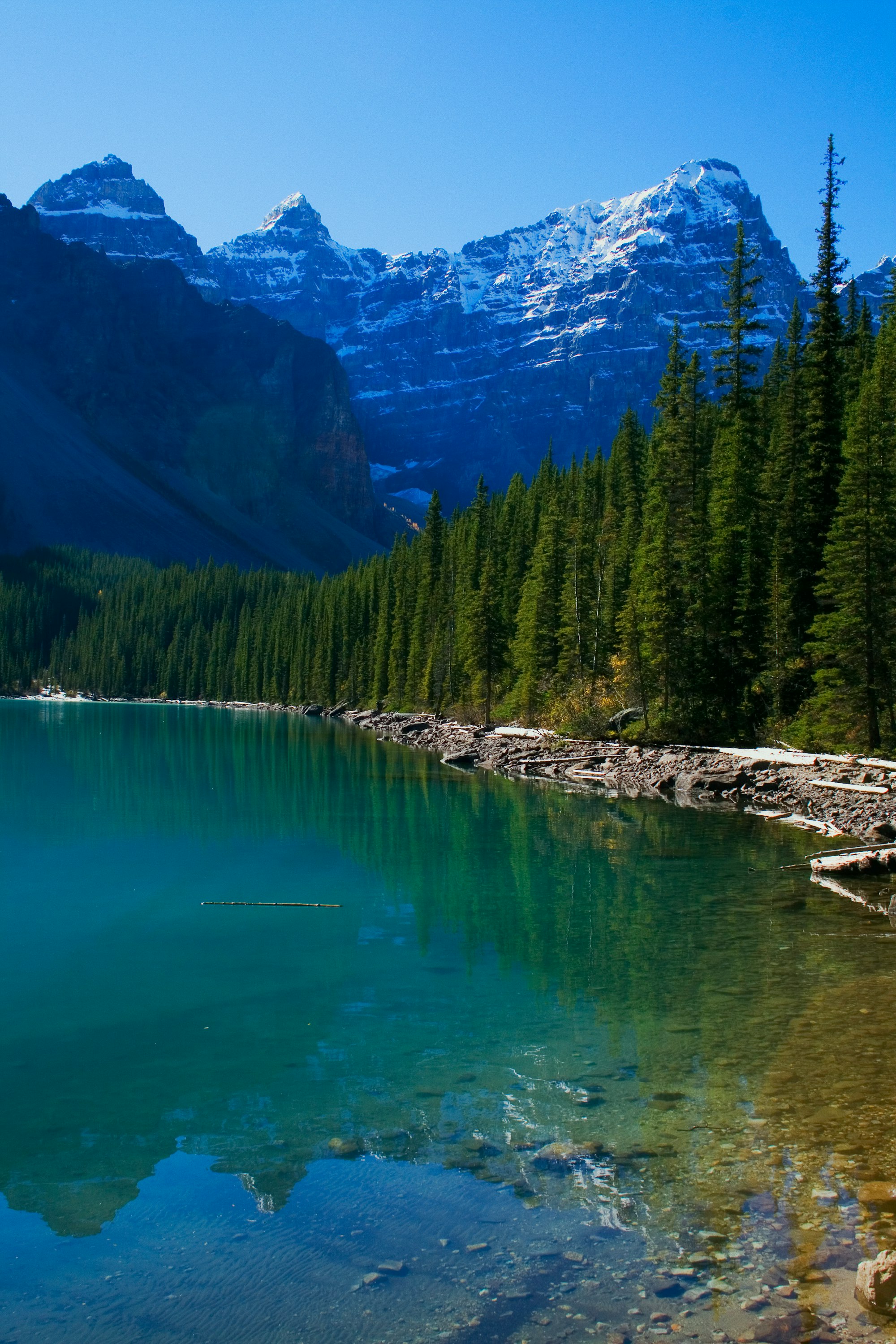 View of Moraine Lake, Banff National Park, Canada, with mountains in the background