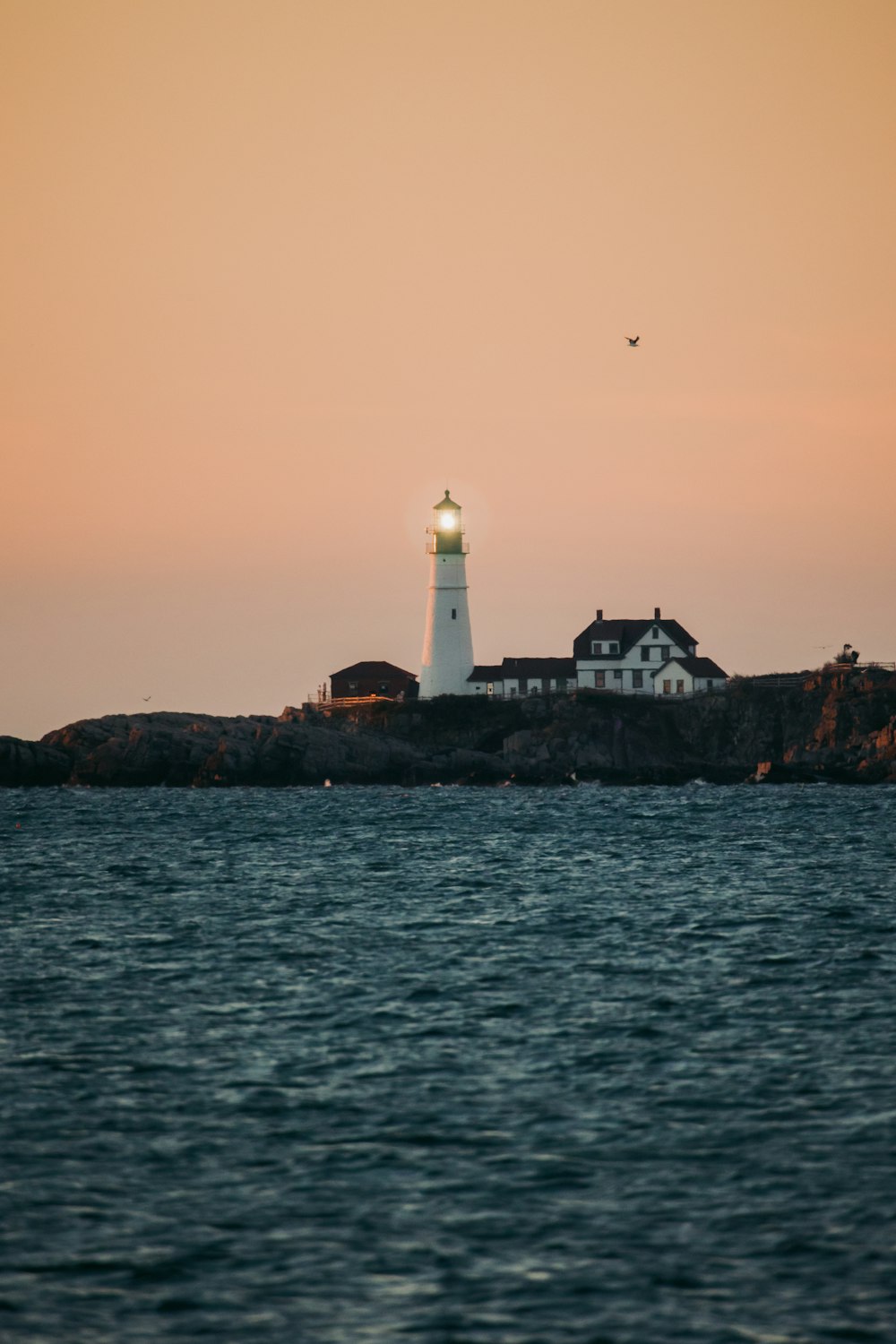 white lighthouse on brown rock formation near body of water during daytime