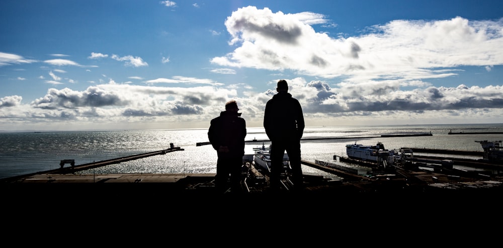 silhouette of 2 men standing on beach during daytime