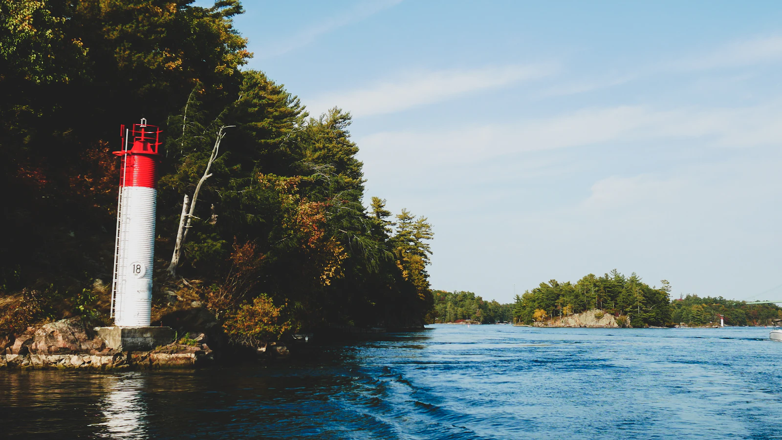 Islands and blue water on the St. Lawrence River in the Thousand Islands