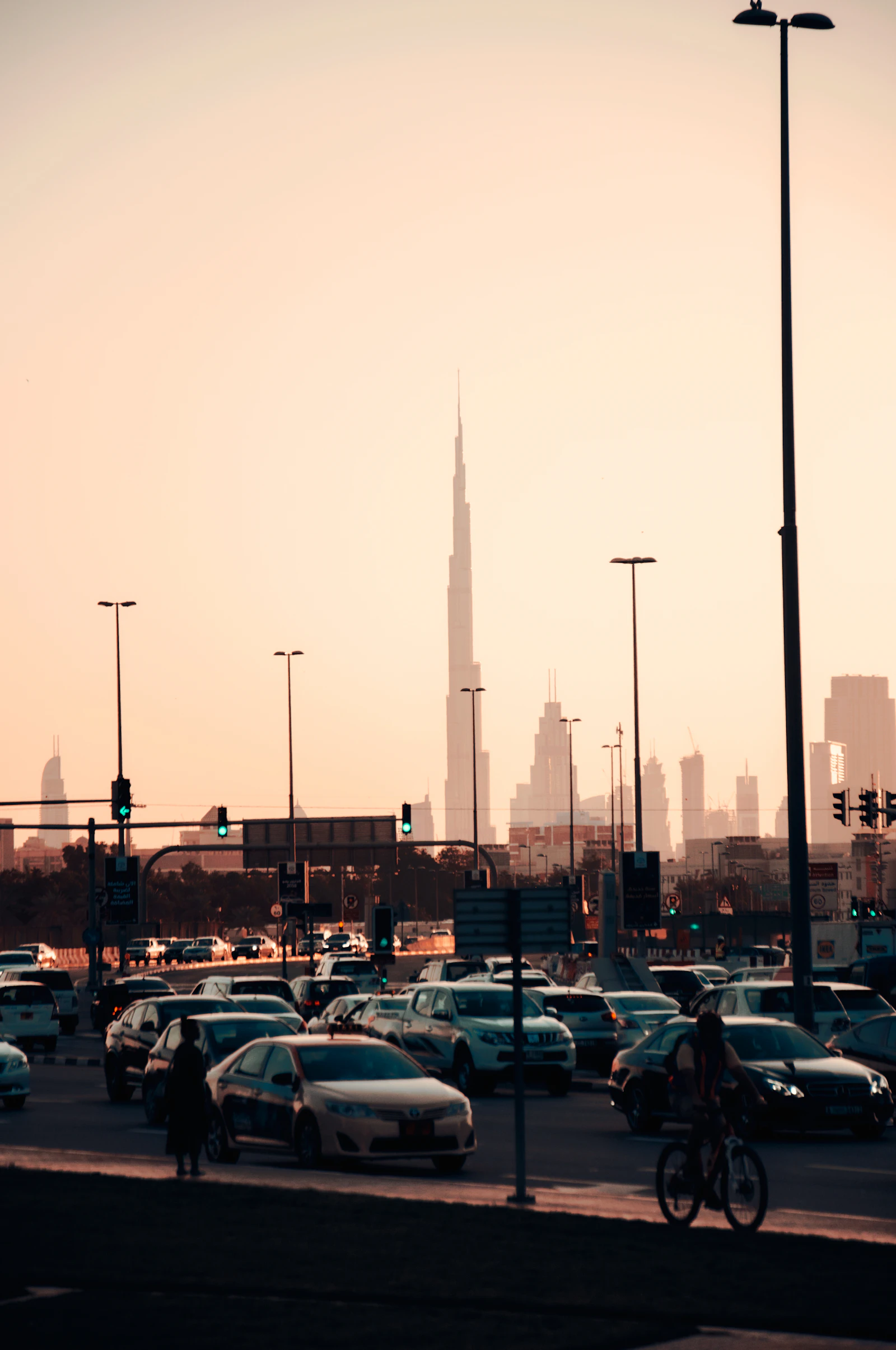 Cars parked in Dubai during the warm light before sunset