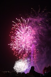 Vibrant fireworks burst in the night sky around a large Ferris wheel, illuminating the area with bright pink and white colors. Silhouettes of onlookers are visible in the foreground, creating a sense of scale and celebration.
