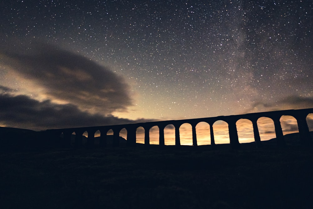 black and white bridge under starry night