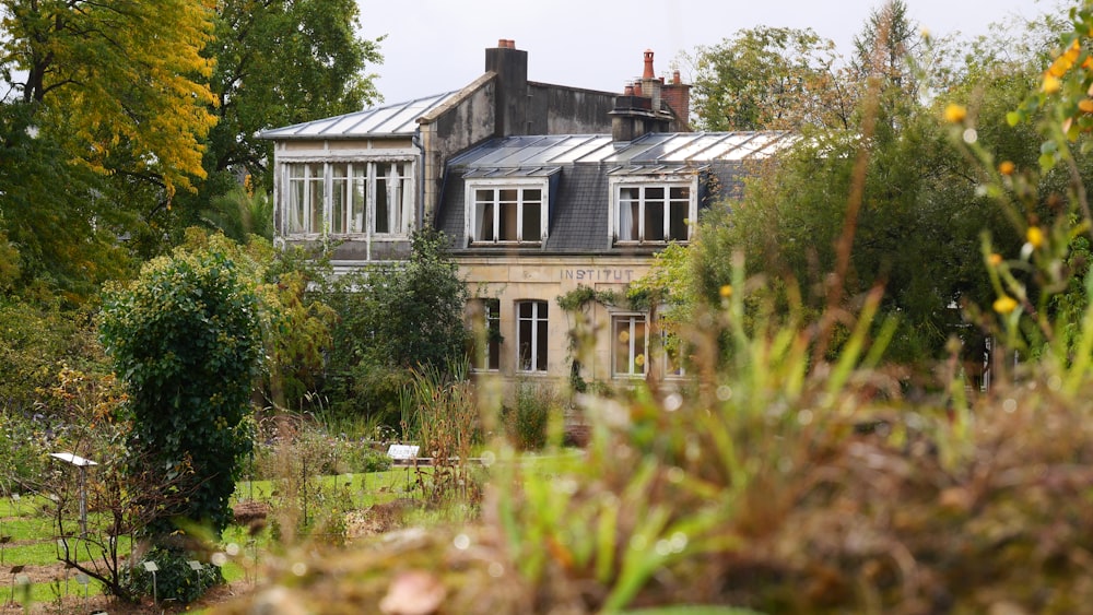 Maison en bois blanc et gris entourée d’arbres verts pendant la journée