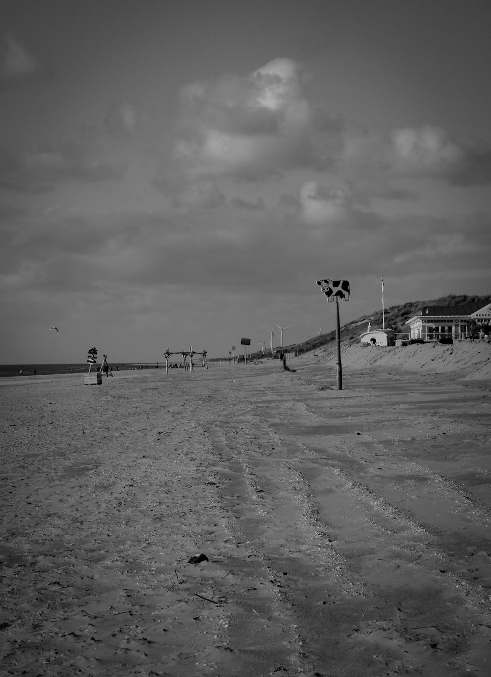 grayscale photo of beach with people walking on the beach