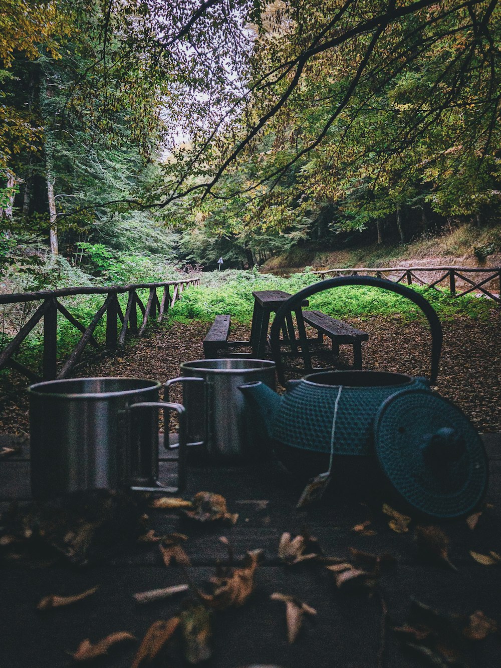 a group of metal pots sitting on top of a forest floor