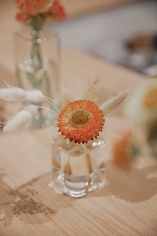 A pair of glazed ceramic vases in warm orange and turquoise hues, styled with dried flowers.