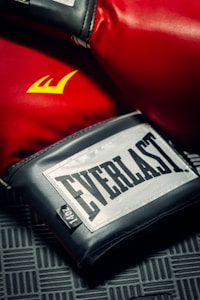 A close-up shot of red boxing gloves with a black and white Everlast label prominently displayed on one of them. The surface they rest on appears to be a textured mat.