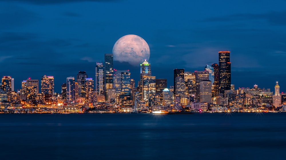 city skyline during night time