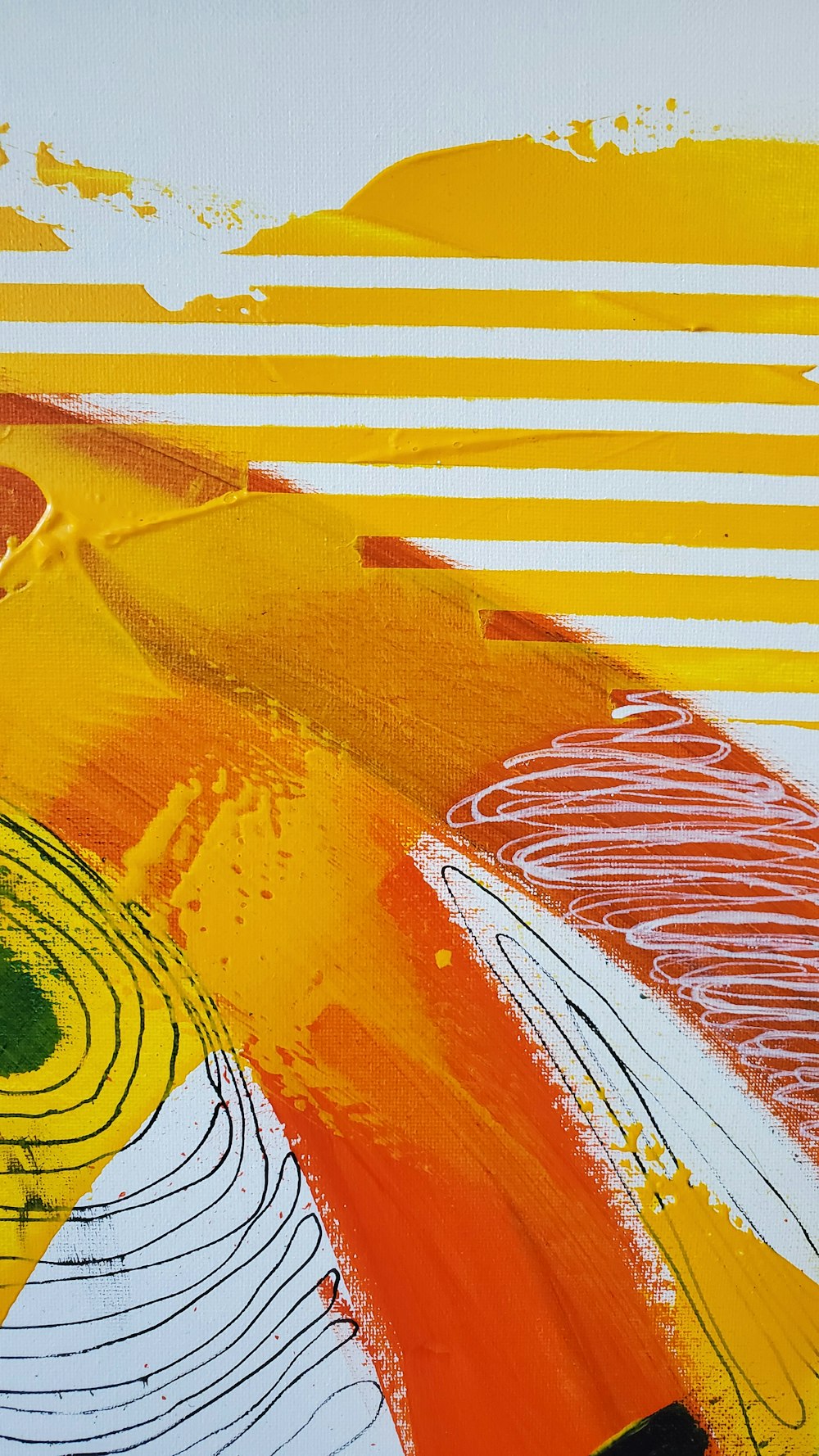 pintura abstracta amarilla, roja y blanca