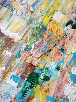 An abstract painting with bold brush strokes and rich textures hanging on a white wall.
