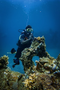 A scuba diver wearing a black diving suit and yellow goggles is underwater, surrounded by corals and colorful fish. The diver is positioned next to a large rock formation, which is covered in marine growth. Bubbles rise up from the diving equipment, and the background is a deep blue ocean.