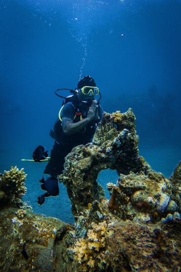 A scuba diver wearing a black diving suit and yellow goggles is underwater, surrounded by corals and colorful fish. The diver is positioned next to a large rock formation, which is covered in marine growth. Bubbles rise up from the diving equipment, and the background is a deep blue ocean.