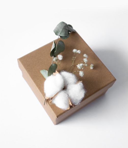 white and gray rabbit plush toy in brown cardboard box