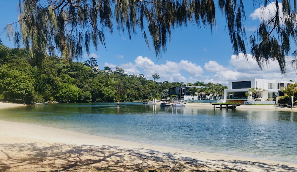 white and brown wooden house near body of water under blue sky during daytime