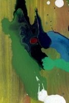 Abstract artwork with bold, swirling shapes in various shades of green, blue, black, and yellow. Red and white accents are scattered across the composition, creating contrast. The textures appear fluid and dynamic, suggesting movement and spontaneity.