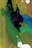 Abstract artwork with bold, swirling shapes in various shades of green, blue, black, and yellow. Red and white accents are scattered across the composition, creating contrast. The textures appear fluid and dynamic, suggesting movement and spontaneity.