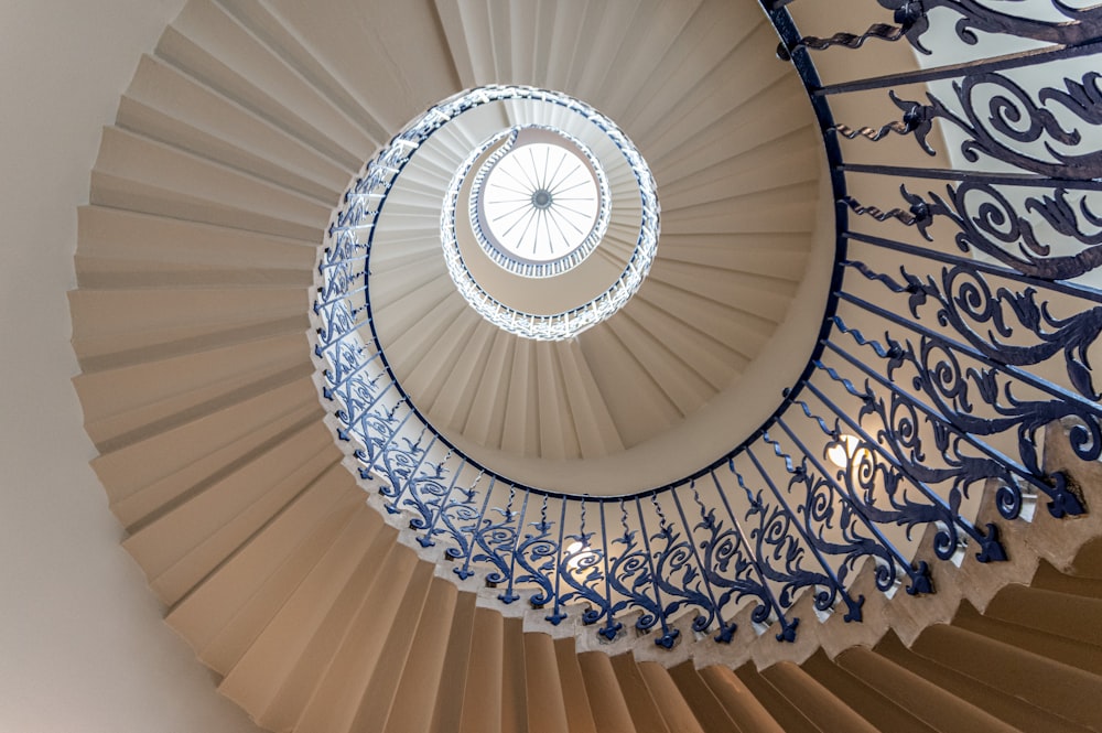 blue and white spiral stairs