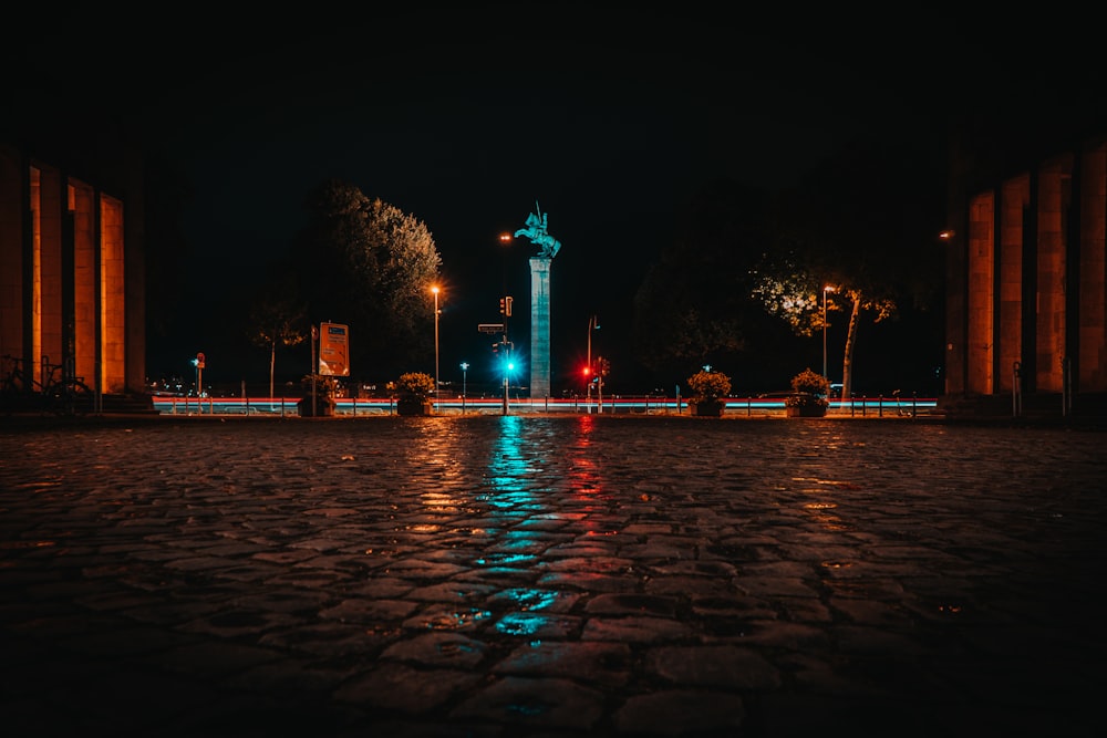 green light post on street during night time