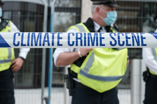A scene with two officers in bright yellow reflective vests standing behind a tape labeled 'CLIMATE CRIME SCENE'. Both officers are wearing face masks and one has their arms crossed. The background is blurred, possibly indicating an urban setting.
