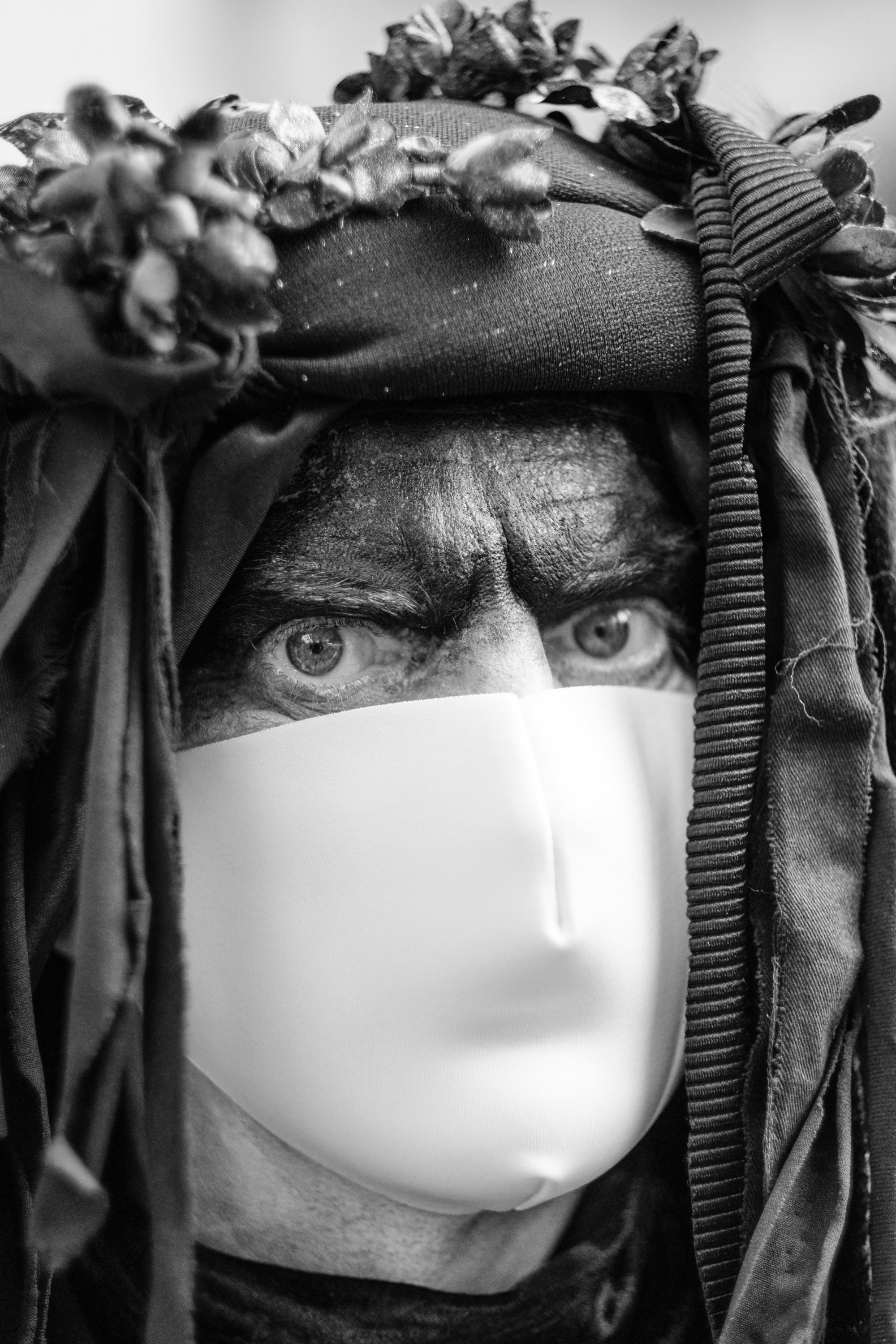 grayscale photo of woman in hijab