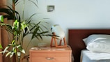 A walnut finish nightstand set beside a bed, holding a warm glowing lamp and a small plant.