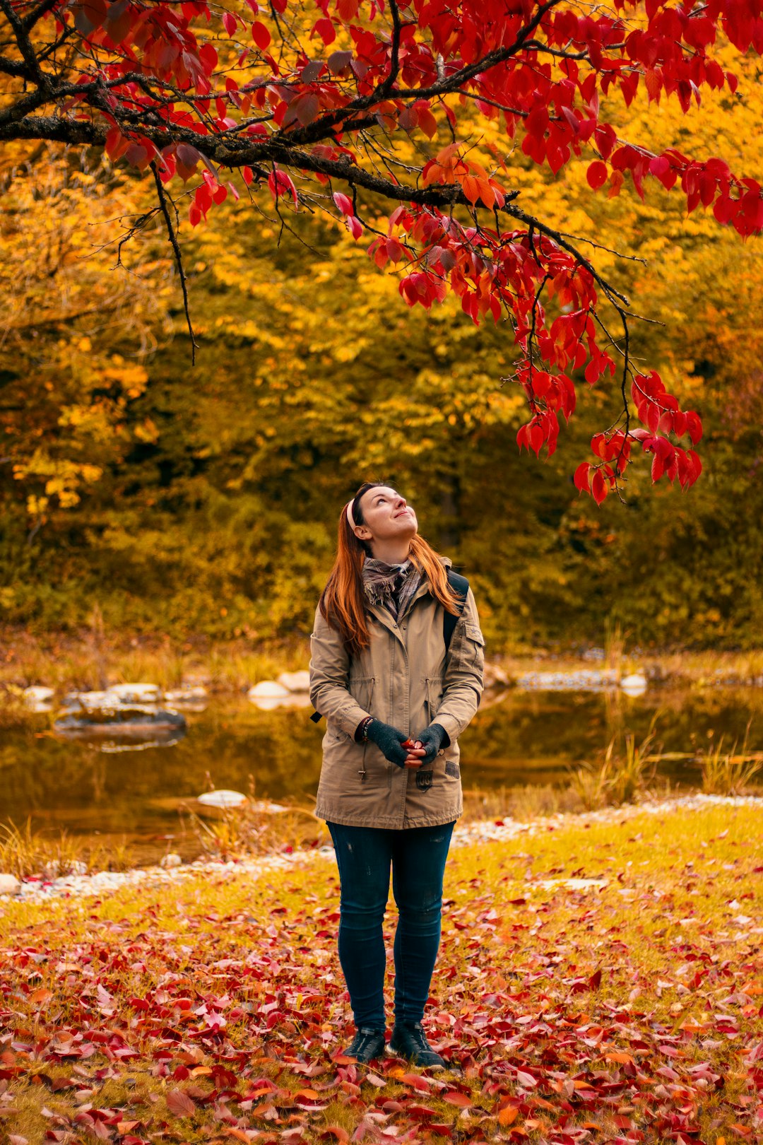 woman in gray jacket standing near lake during daytime