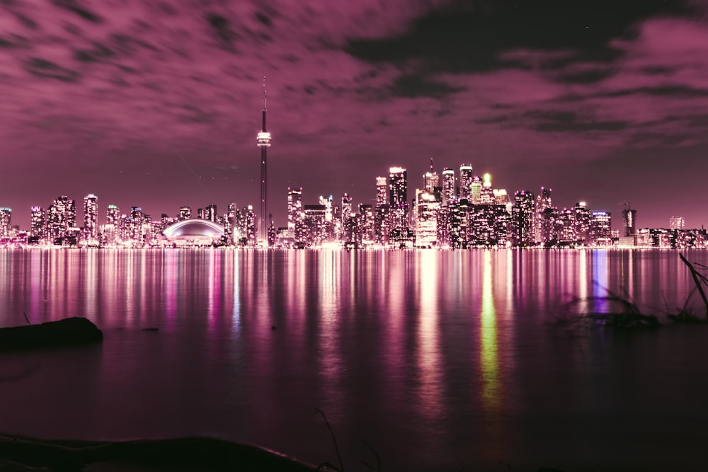 city skyline during night time