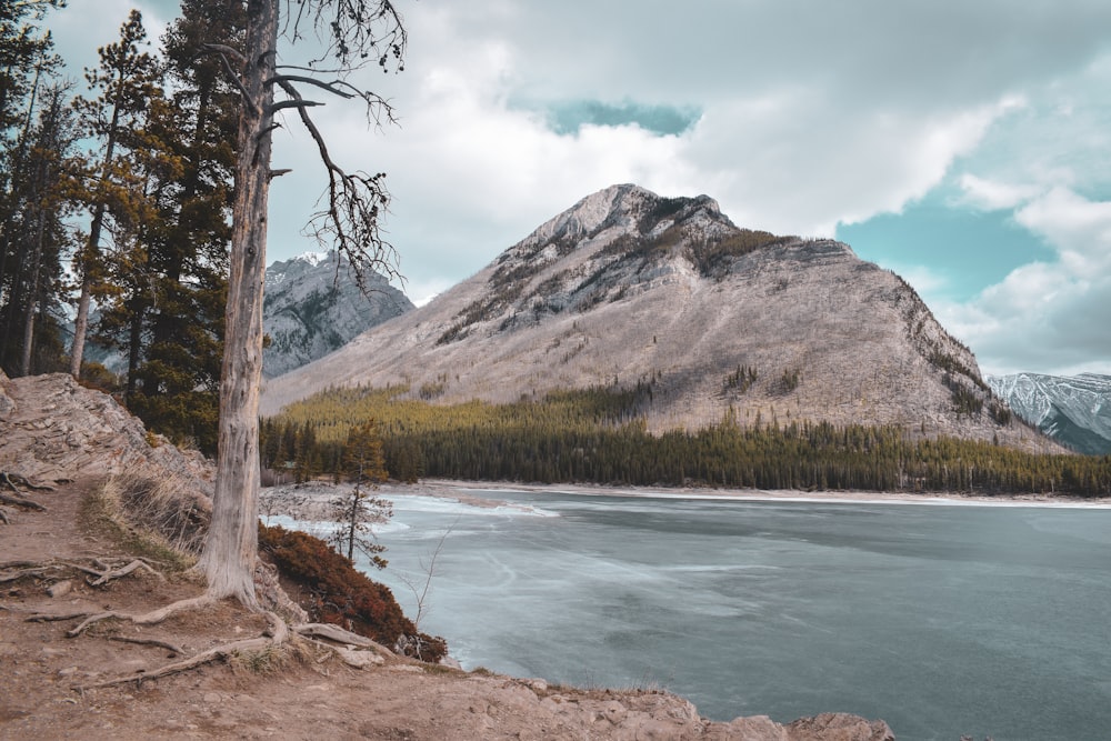 green and brown mountain beside lake under white clouds and blue sky during daytime