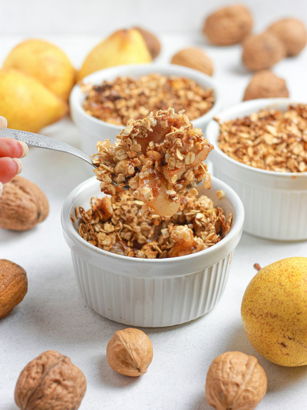 brown cereals in white ceramic bowl